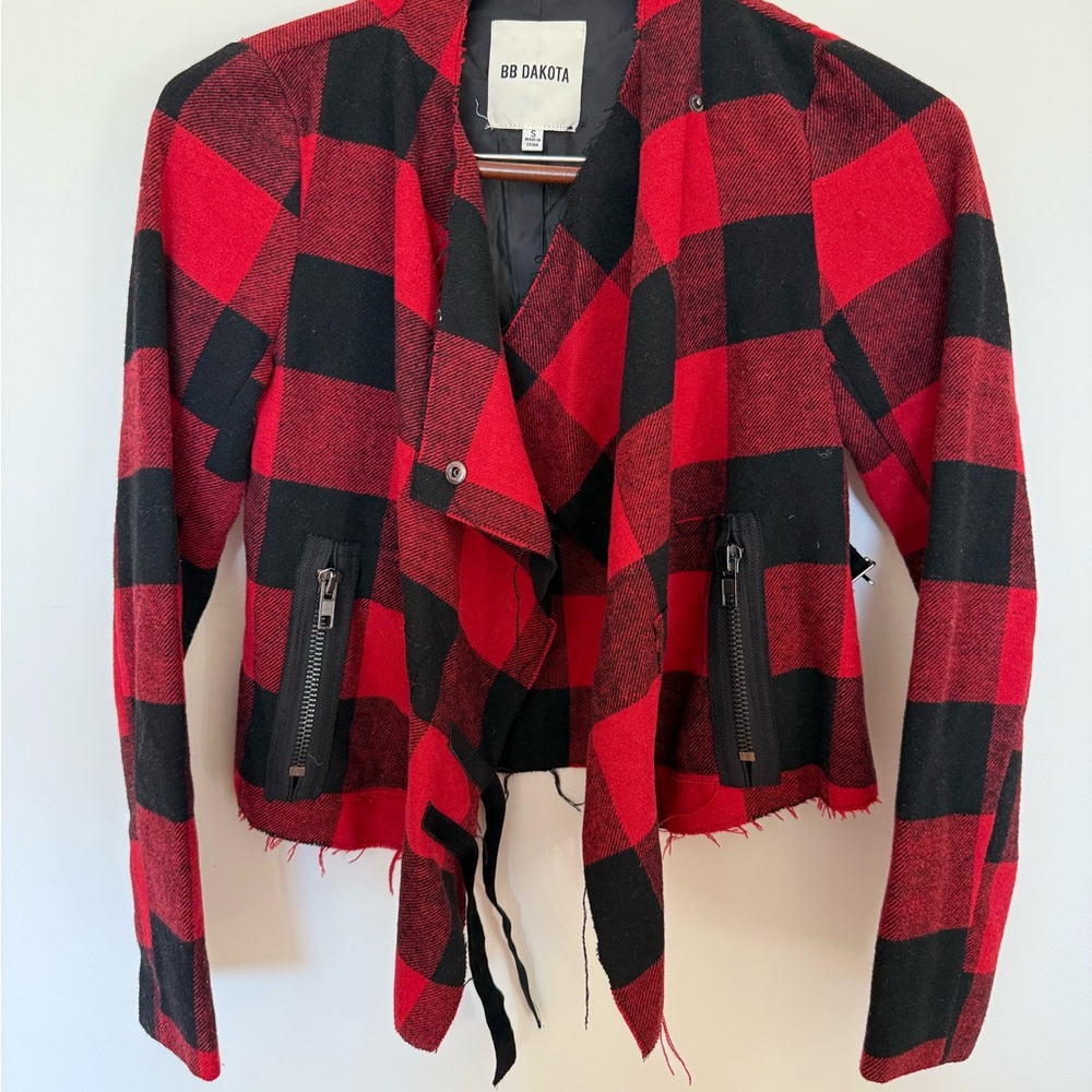 BB Dakota Rosanna Red and Black Plaid Flannel Moto Style Jacket